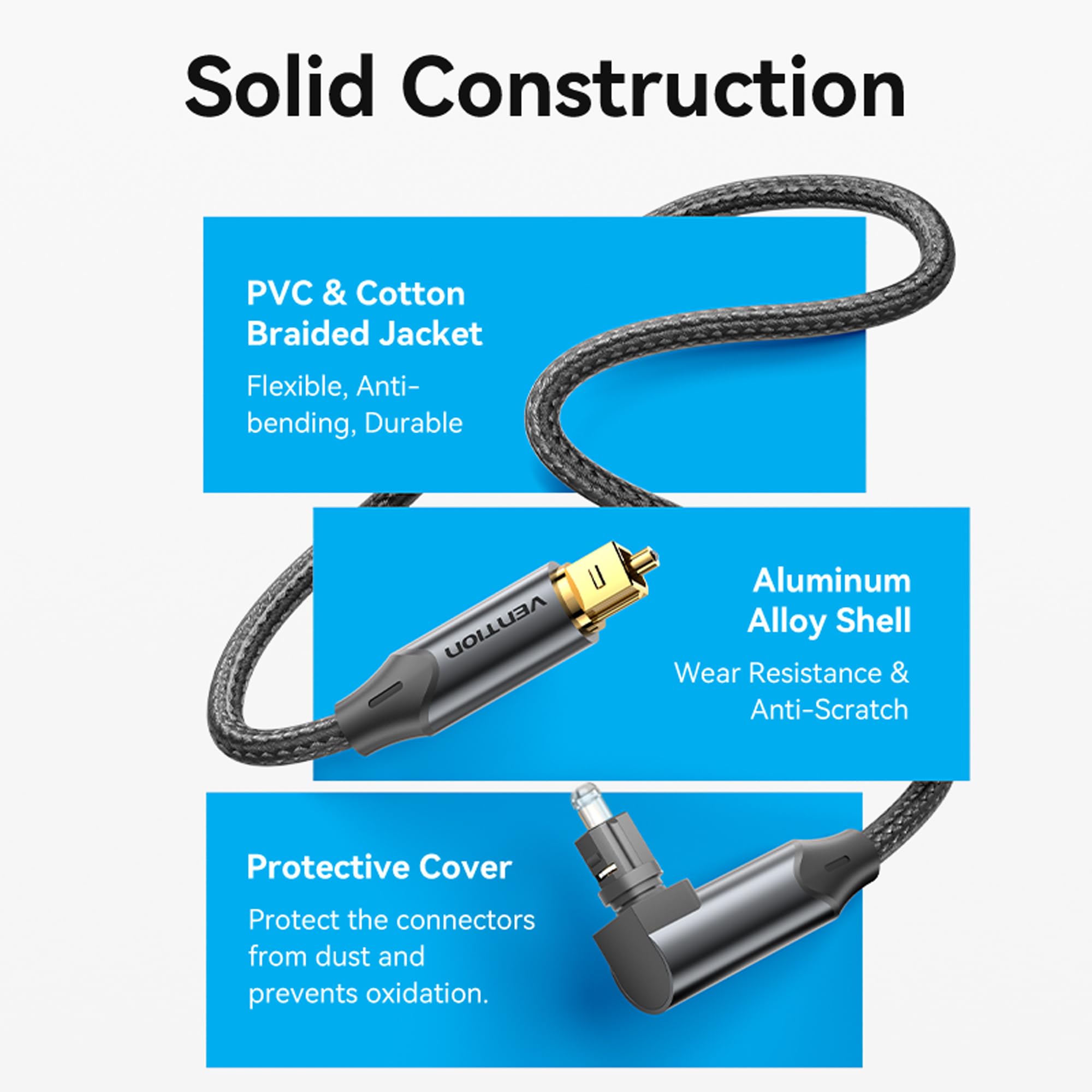 VENTION Optical Audio Cable 1m Right Angle Digital Optical Audio Cable Toslink Optical Cable for Soundbar to TV, Optical Lead Gold-Plated for Home Cinema, S/PDIF, PS4, Xbox, Stereo System