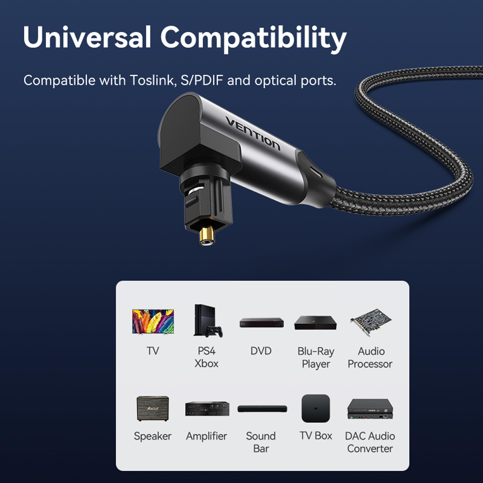 VENTION Optical Audio Cable 1m Right Angle Digital Optical Audio Cable Toslink Optical Cable for Soundbar to TV, Optical Lead Gold-Plated for Home Cinema, S/PDIF, PS4, Xbox, Stereo System