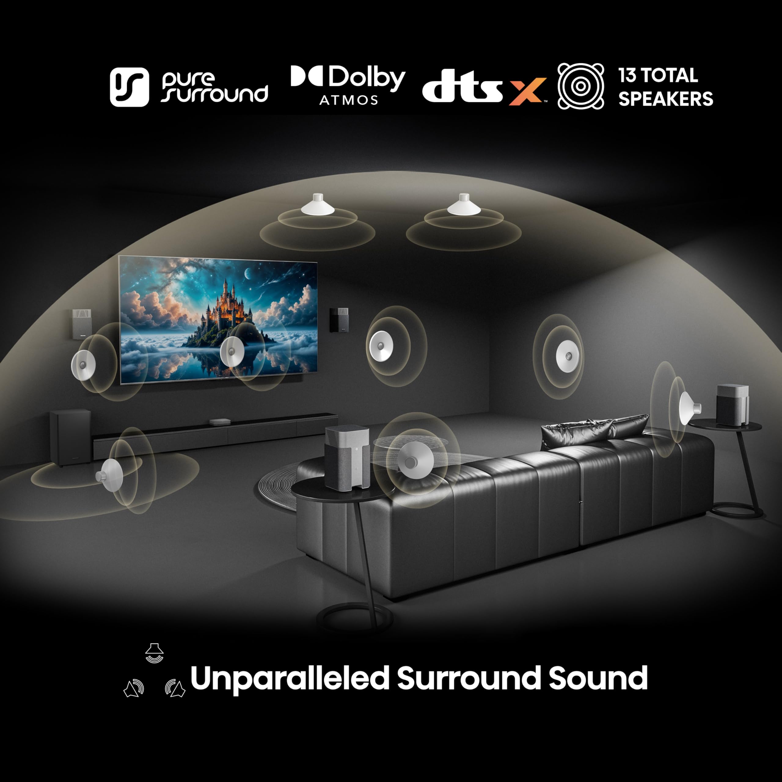 HT SATURN, 4.1.2 CH home theatre sound system, wireless satellite speakers, Tuned by Devialet, 720 W max audio power, Hi-Concerto, Dolby Atmos, DTS:X, Room fitting tuning, EzPlay 3.0