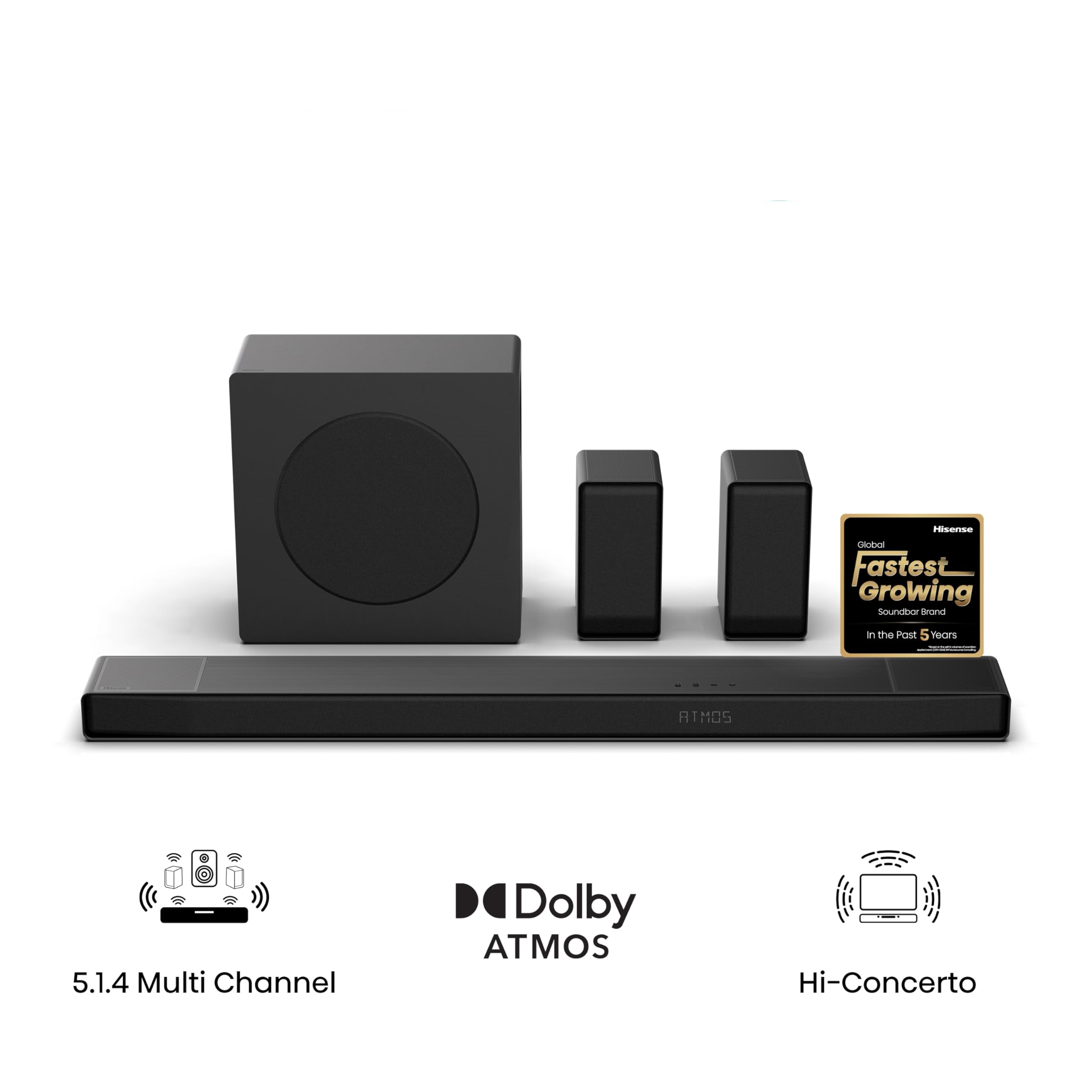 AX5140Q, 5.1.4 Channel Dolby Atmos Soundbar System with Wireless Rear Speakers, Up-Firing Speakers, DTS:X, Room Calibration, 6.5" Wireless Subwoofer, Black