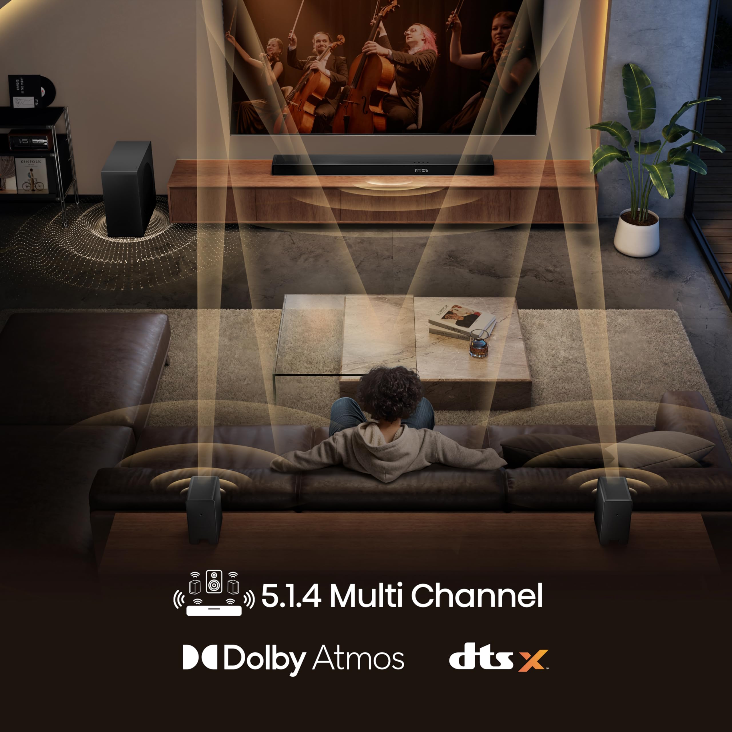 AX5140Q, 5.1.4 Channel Dolby Atmos Soundbar System with Wireless Rear Speakers, Up-Firing Speakers, DTS:X, Room Calibration, 6.5" Wireless Subwoofer, Black