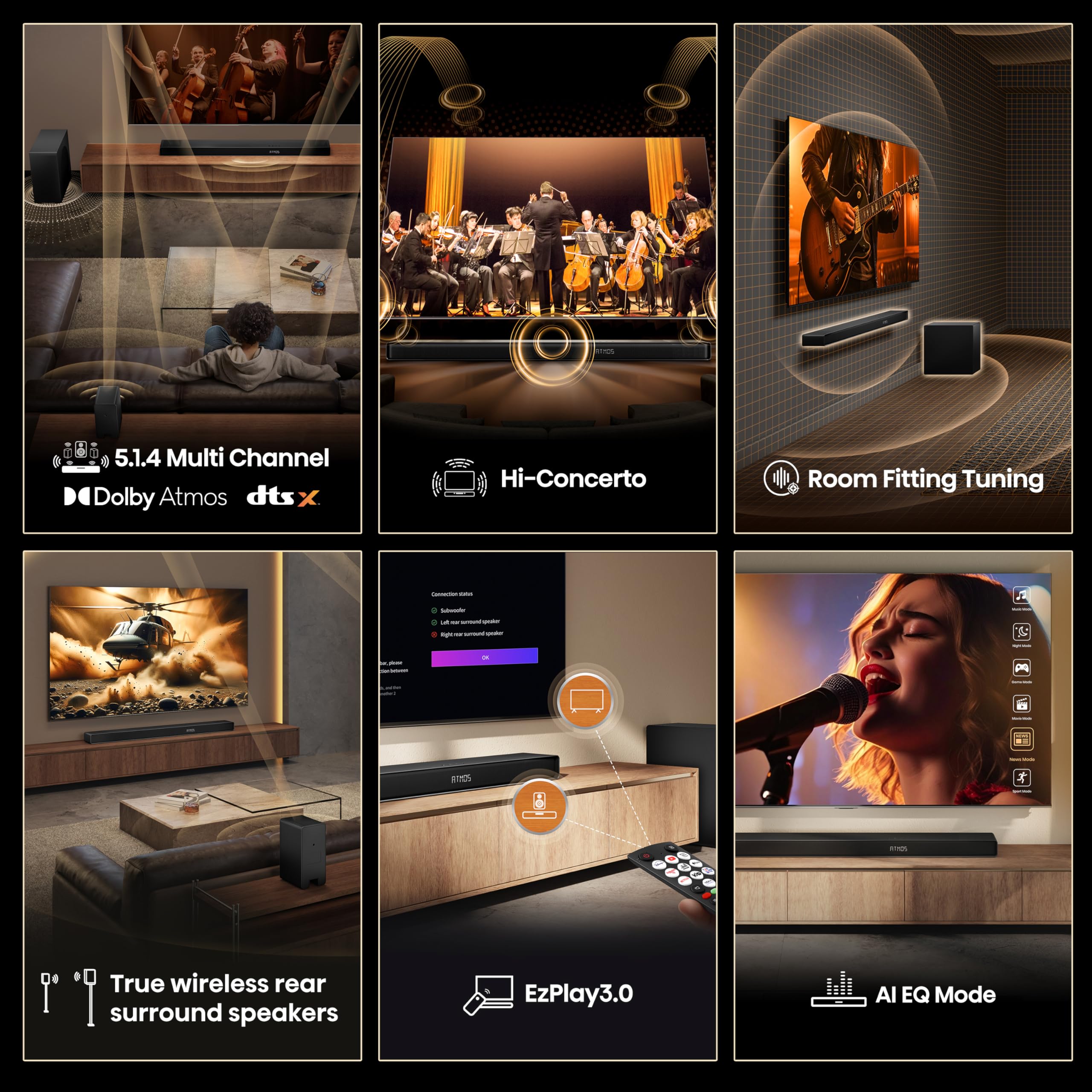 AX5140Q, 5.1.4 Channel Dolby Atmos Soundbar System with Wireless Rear Speakers, Up-Firing Speakers, DTS:X, Room Calibration, 6.5" Wireless Subwoofer, Black