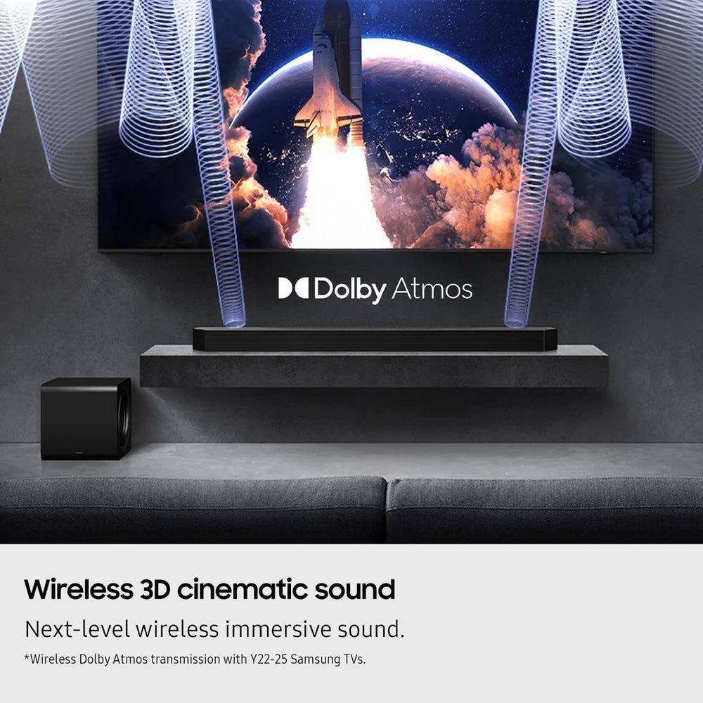 11.1.4 Channel Dolby Atmos Wireless Soundbar with Subwoofer, Space Adaptive Audio, Voice Assistant Compatible, Black/White