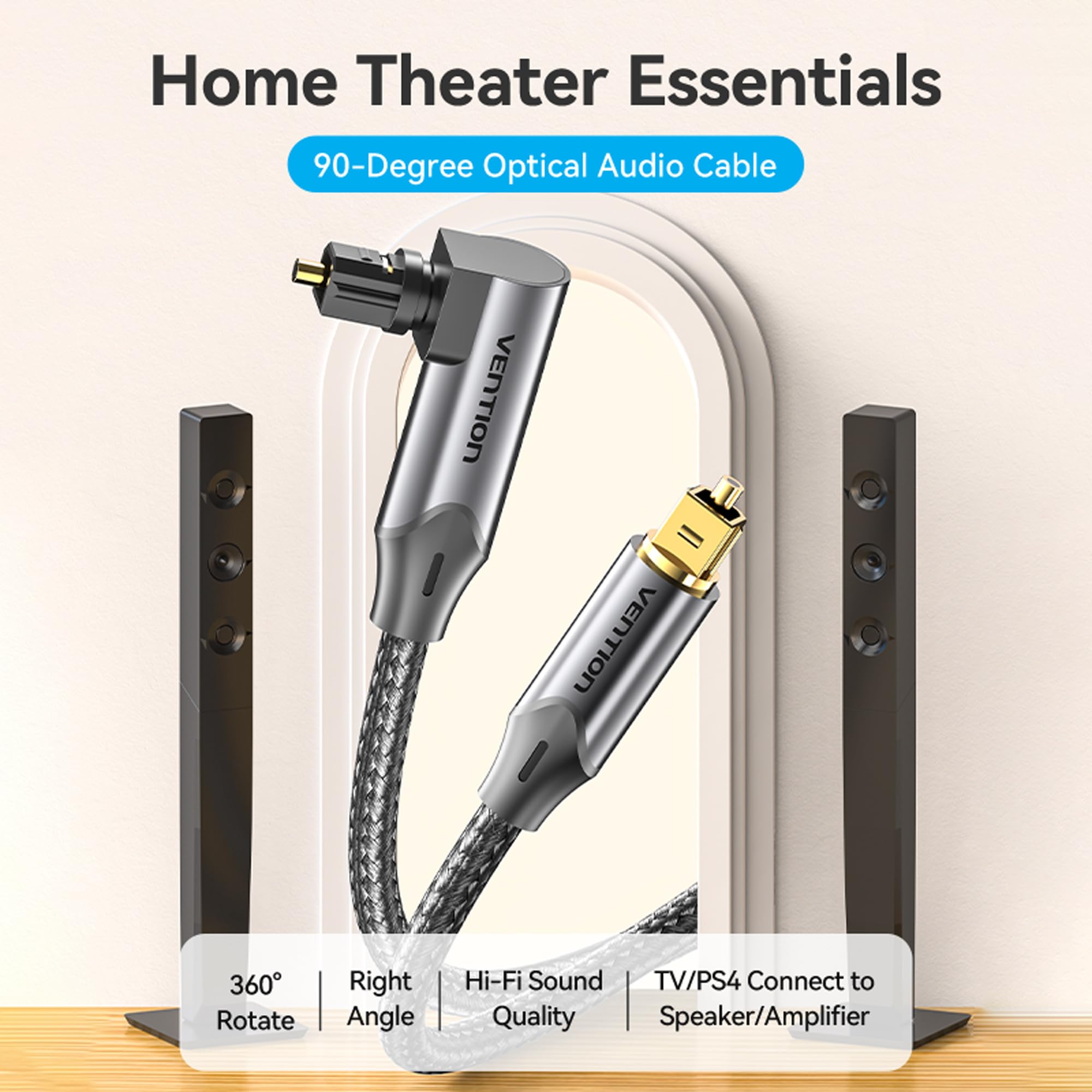 VENTION Optical Audio Cable 1m Right Angle Digital Optical Audio Cable Toslink Optical Cable for Soundbar to TV, Optical Lead Gold-Plated for Home Cinema, S/PDIF, PS4, Xbox, Stereo System