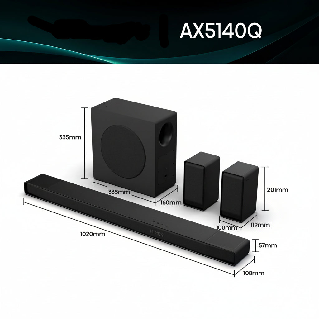AX5140Q, 5.1.4 Channel Dolby Atmos Soundbar System with Wireless Rear Speakers, Up-Firing Speakers, DTS:X, Room Calibration, 6.5" Wireless Subwoofer, Black