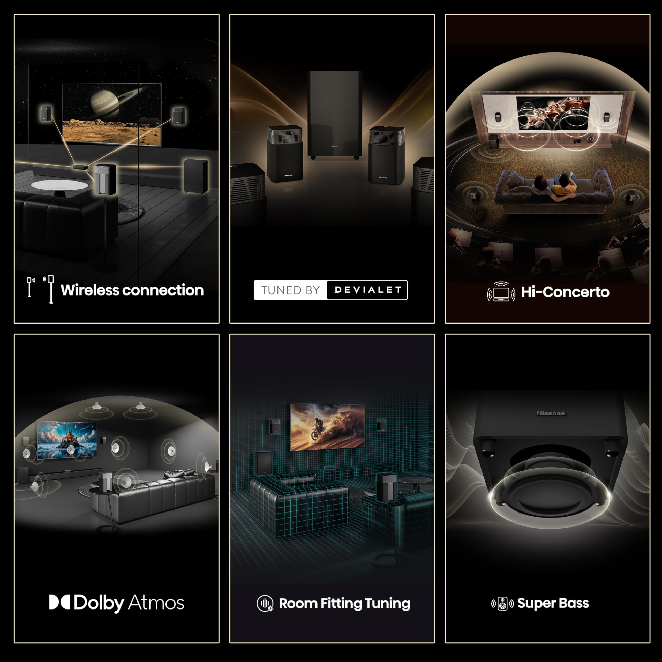 HT SATURN, 4.1.2 CH home theatre sound system, wireless satellite speakers, Tuned by Devialet, 720 W max audio power, Hi-Concerto, Dolby Atmos, DTS:X, Room fitting tuning, EzPlay 3.0