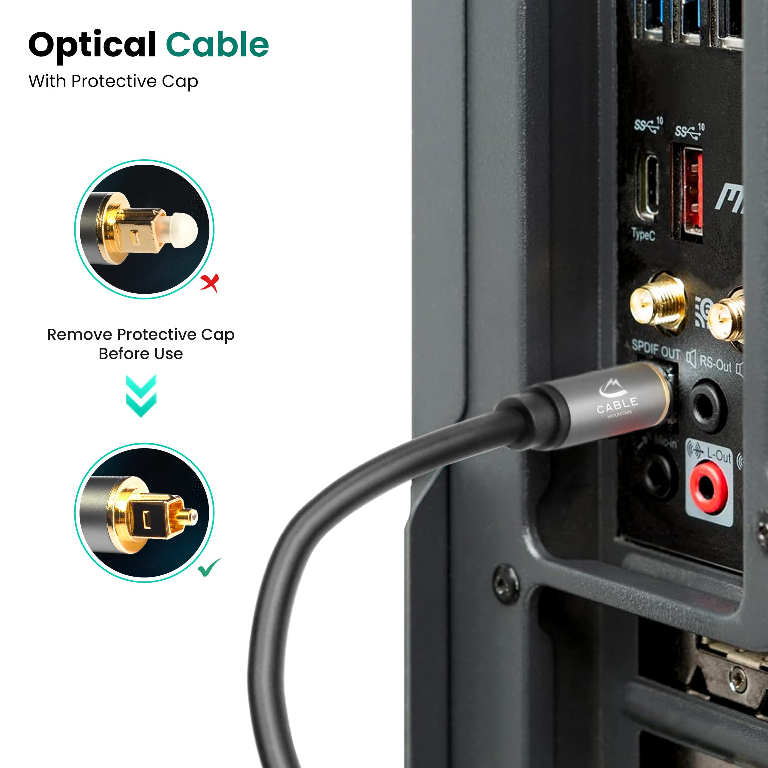 CableMountain Optical Cable 1m, [Alloy Case, 24K Gold-Plated], Digital Optical Audio Cable for Soundbar to TV